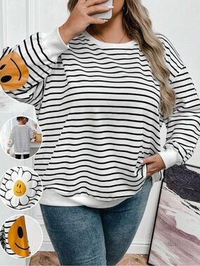 Black & White Striped Sweatshirt with Yellow Smiley & Daisy Elbow Patches